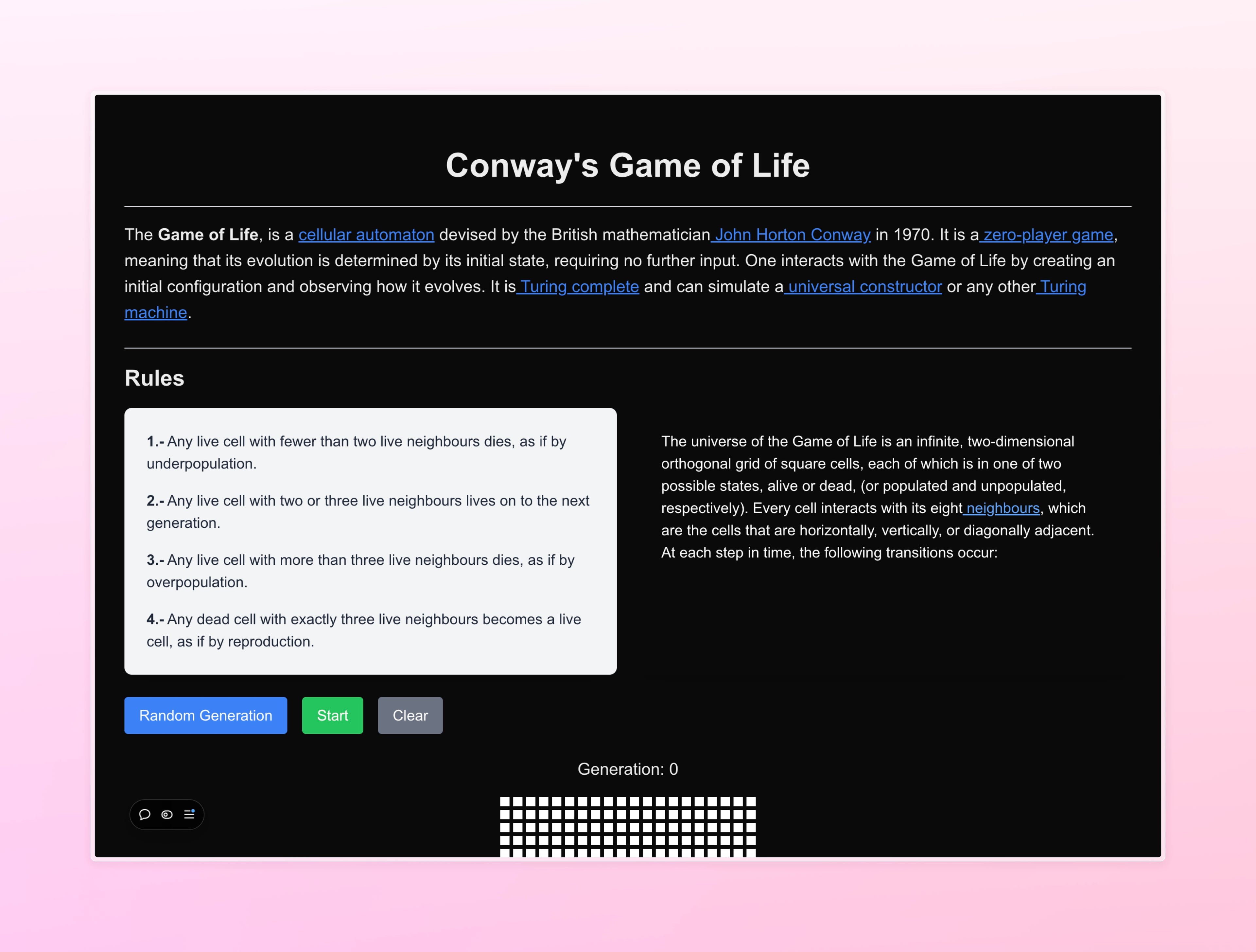 Screenshot of the Game of Life project